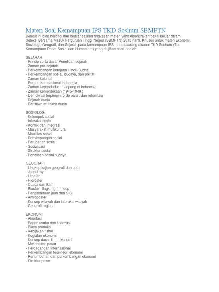 Materi Soal Kemampuan Ips Tkd Soshum Sbmptn