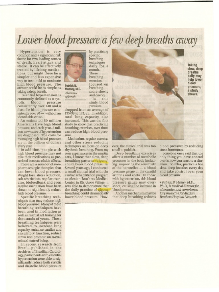 Lower Blood Pressure A Few Deep Breaths Away PDF Hypertension