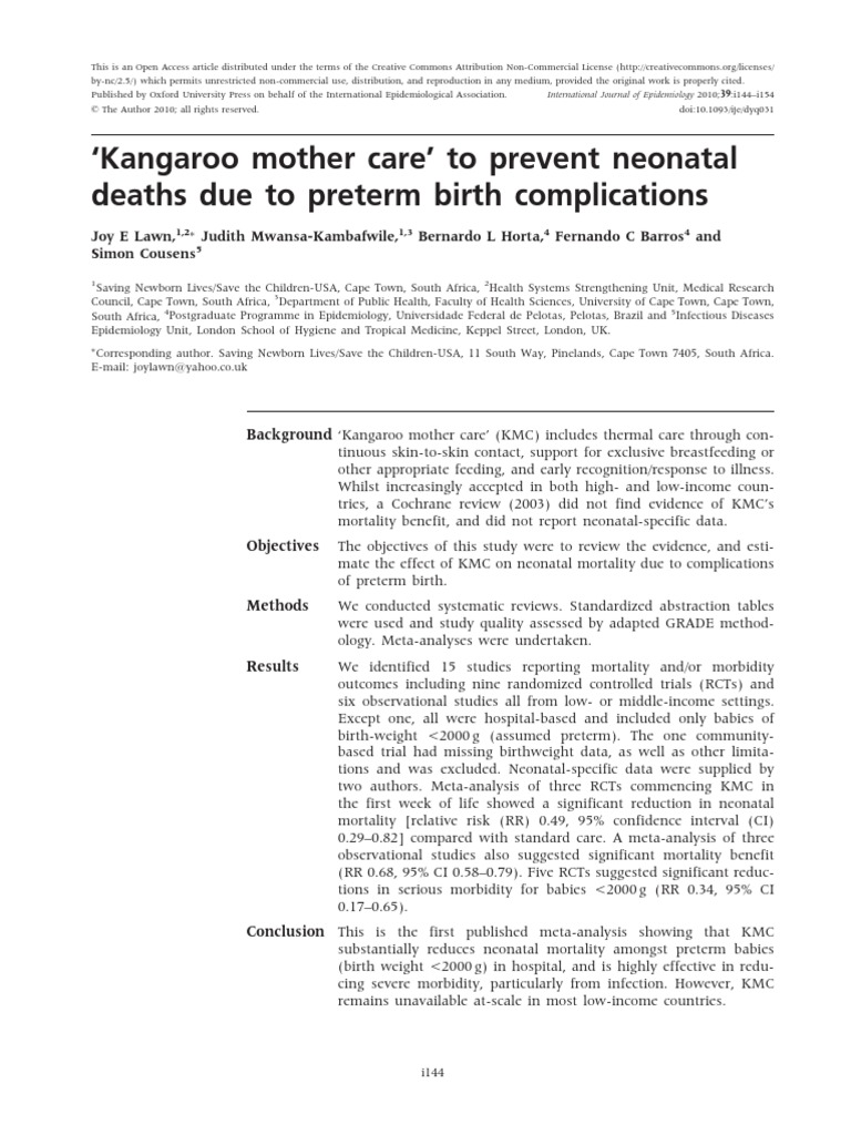  Kangaroo Mother Care To Prevent Neonatal Deaths Due To Preterm Birth