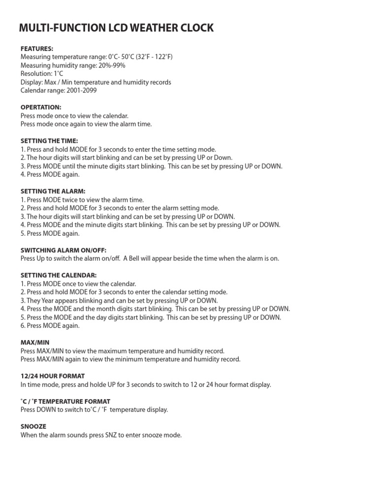Ultronic Clock CL266 Instructions PDF Clock Time
