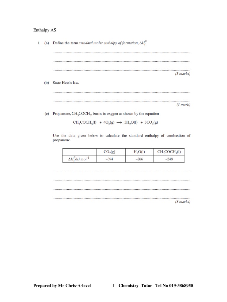 Enthalpy Questions for AS level chemistry