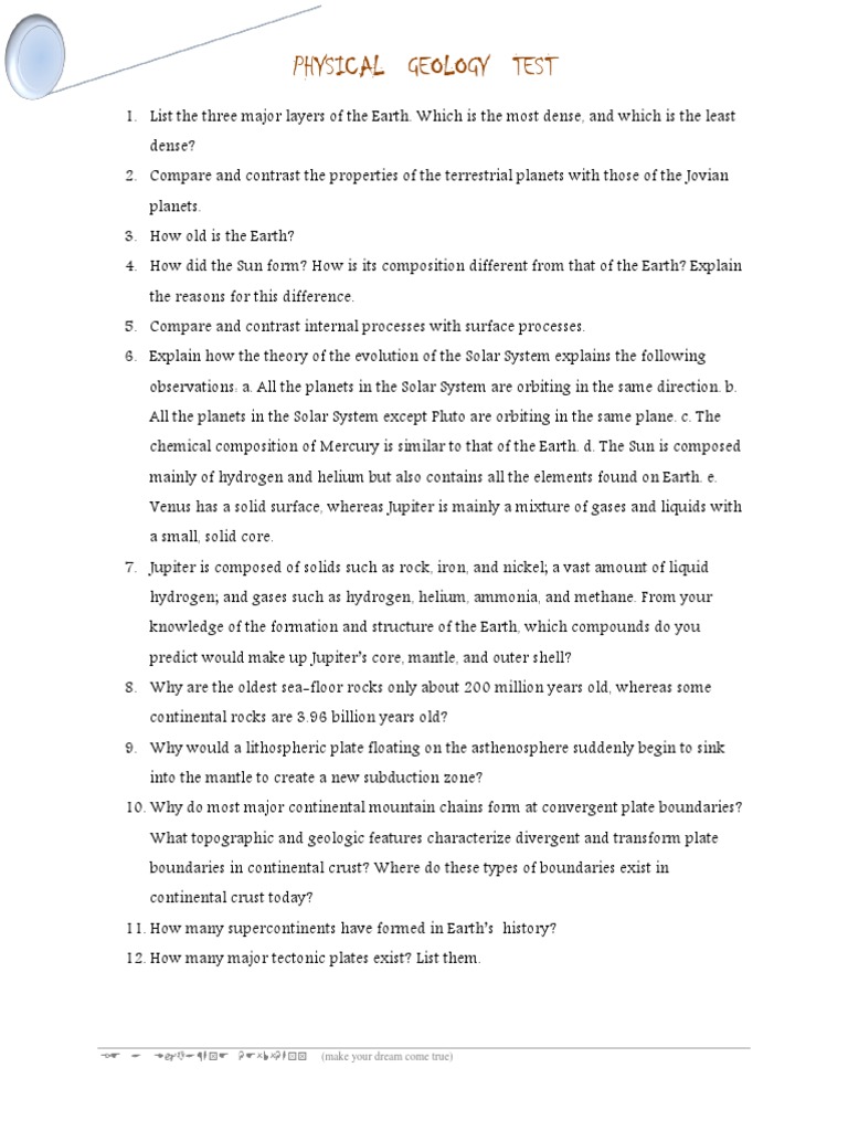 Pretest Physical Geology | PDF | Sedimentary Rock | Rock (Geology)