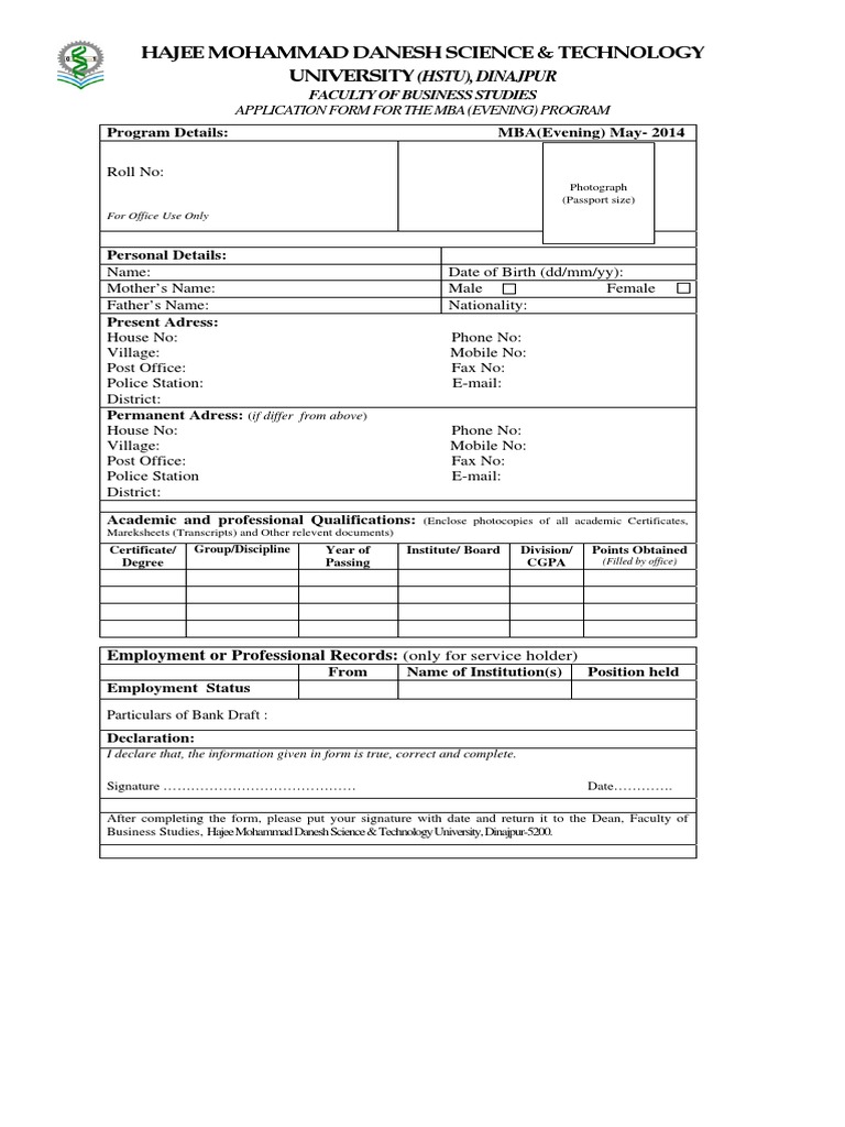 MBA Evening Program Application Form | PDF