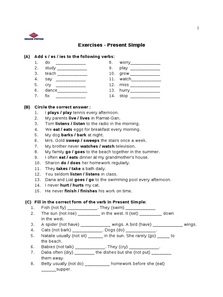 Present Simple S Es Ies Exercises Pdf