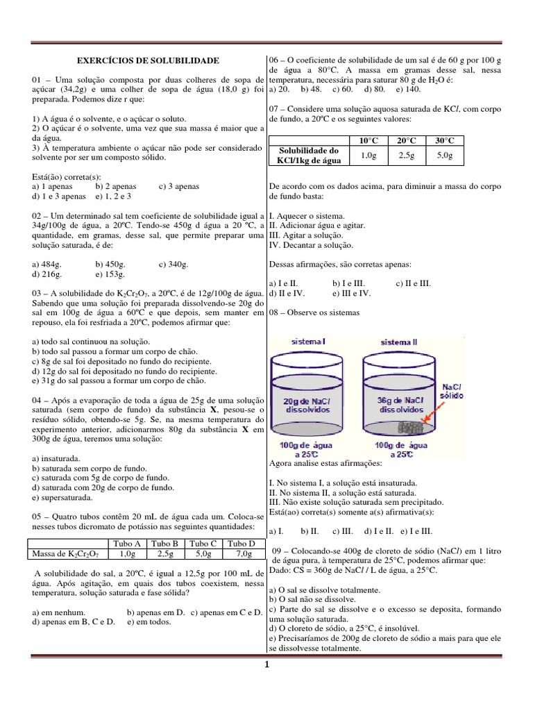 Exercícios sobre Coeficiente de Solubilidade | PDF | Solubilidade | Solução