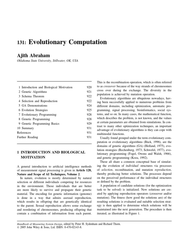 Evolutionary Computation: 131: Ajith Abraham | PDF | Genetic Algorithm ...
