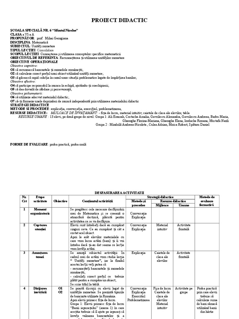 Proiect Didactic Unitati Monetare Refacut