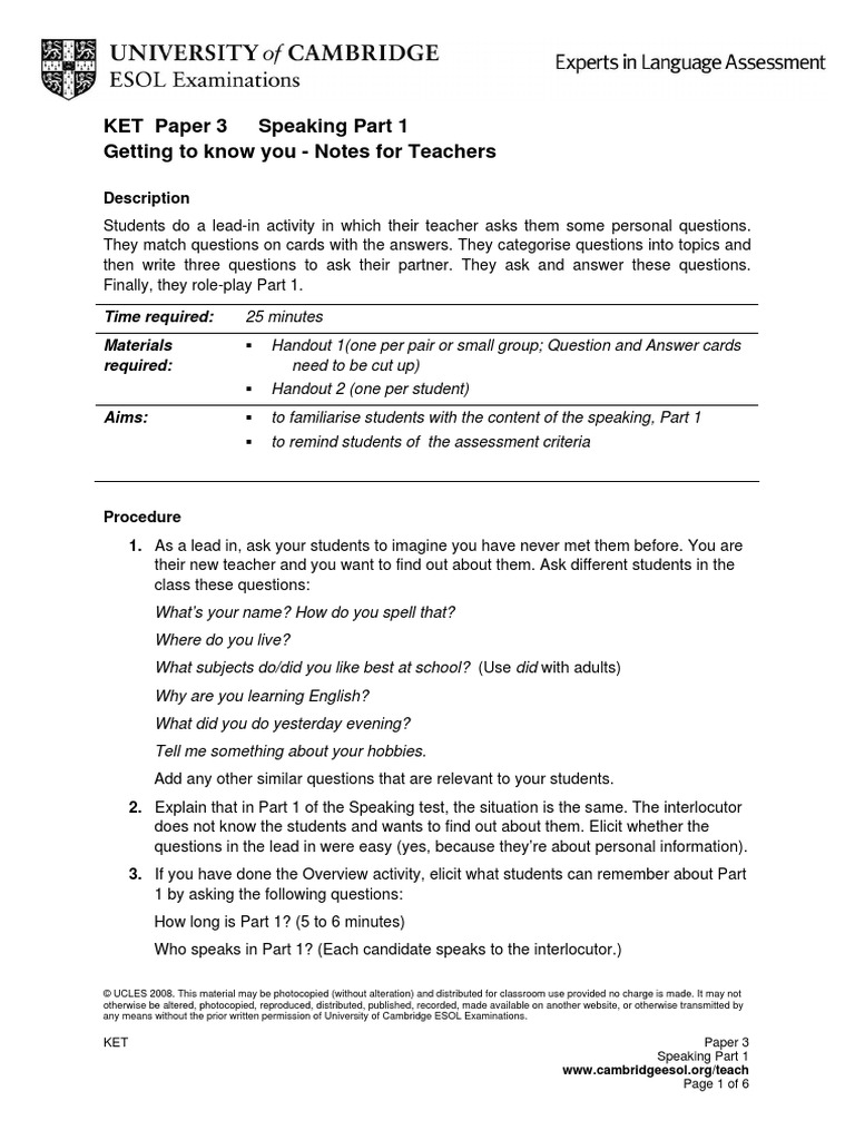 KET Speaking Part 1 Question English As A Second Or Foreign Language