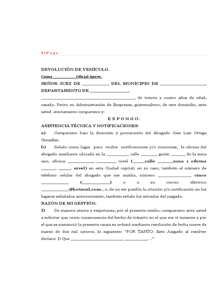 Memorial de Devolucion de Vehiculo (Ejemplo)