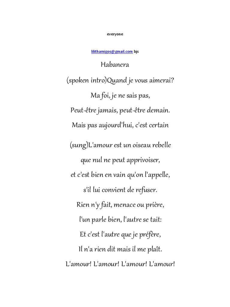 Habanera Pdf L Amour Est Un Oiseau Rebelle Prosper Merimee