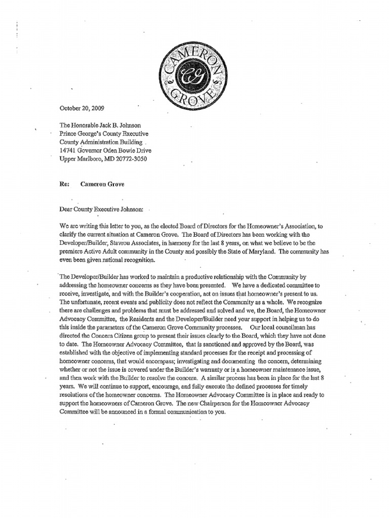 Cameron Grove HOA Letter PDF