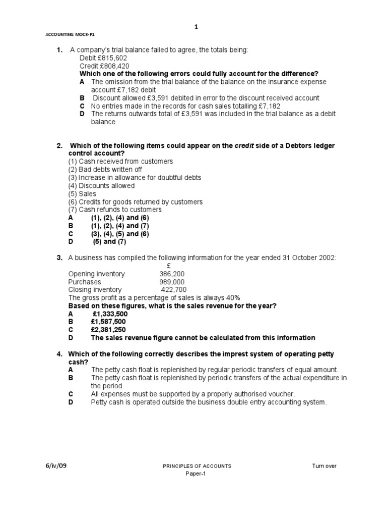 Accounting Principles Mock Exam | PDF | Debits And Credits | Bookkeeping