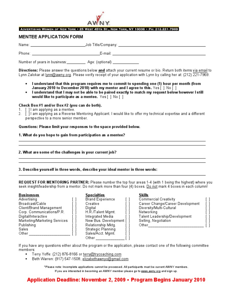 Mentee Application Form Mentorship Business Economics