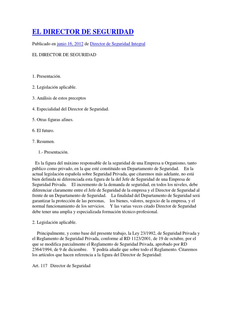 Funciones del Director de Seguridad | PDF | La seguridad | Seguridad y ...