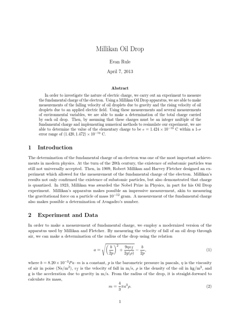 Millikan Oil Drop Experiment PDF Quantity