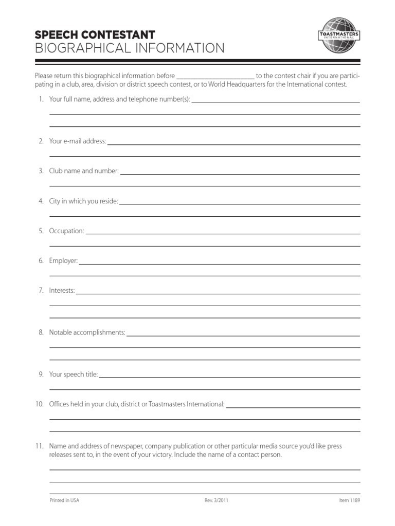 Speech Contestant Bio Submission Form | PDF