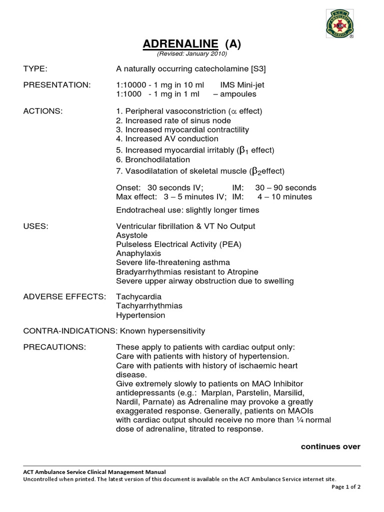 Adrenaline Usage in Emergencies Guide | PDF | Epinephrine | Heart