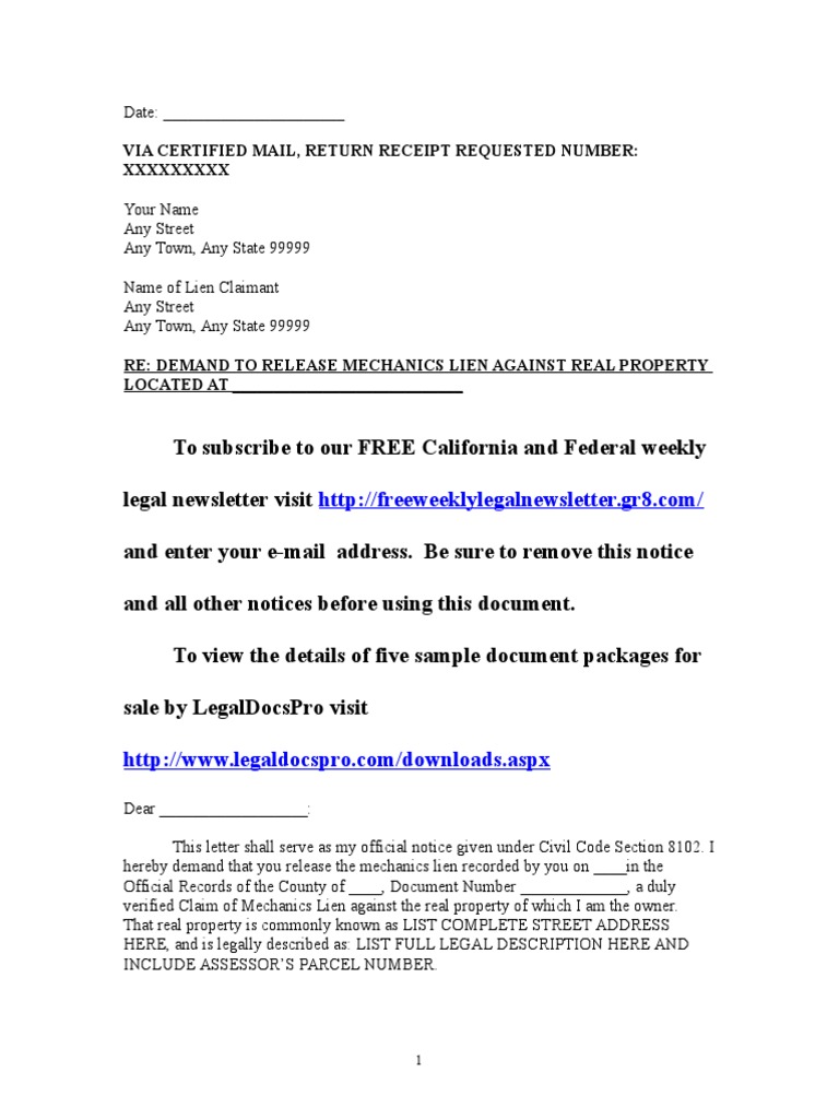 Sample Mechanics Lien Release Demand Letter For California | PDF | Service  Of Process | Common Law