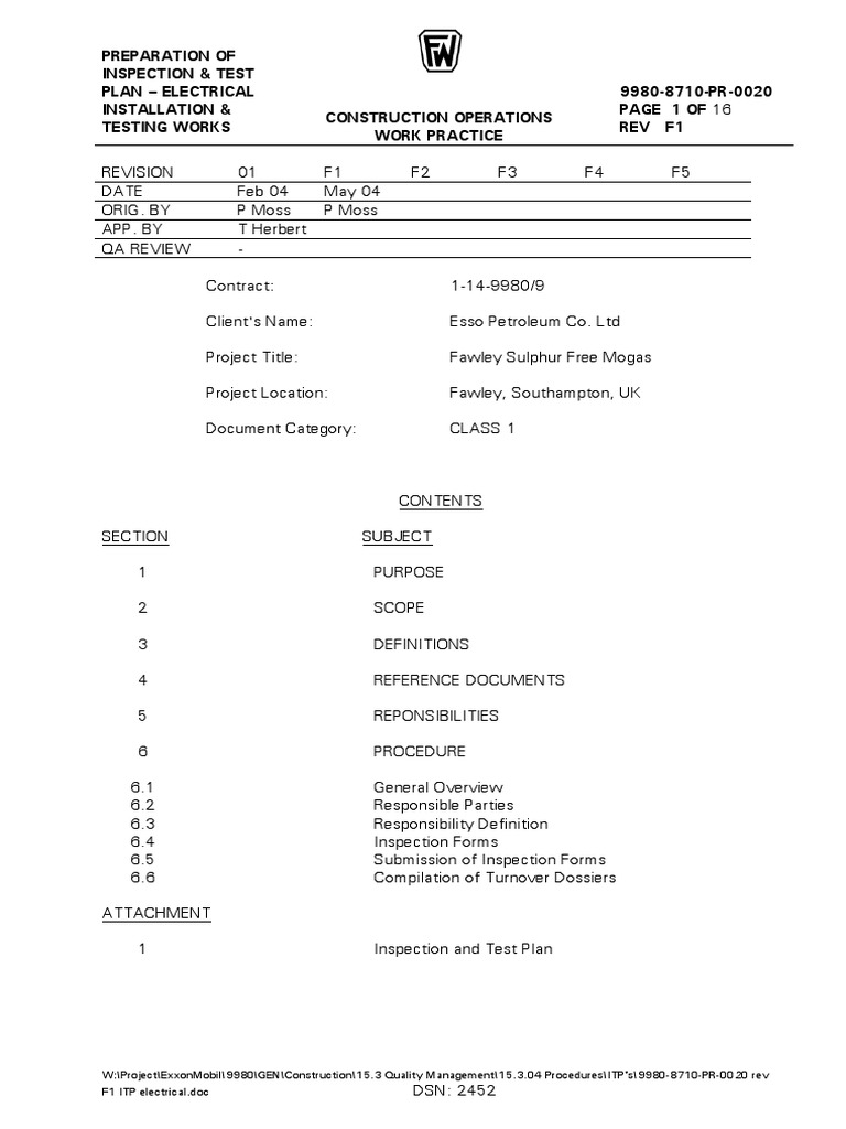 Preparation of Inspection & Test Plan - Electrical Installation ...