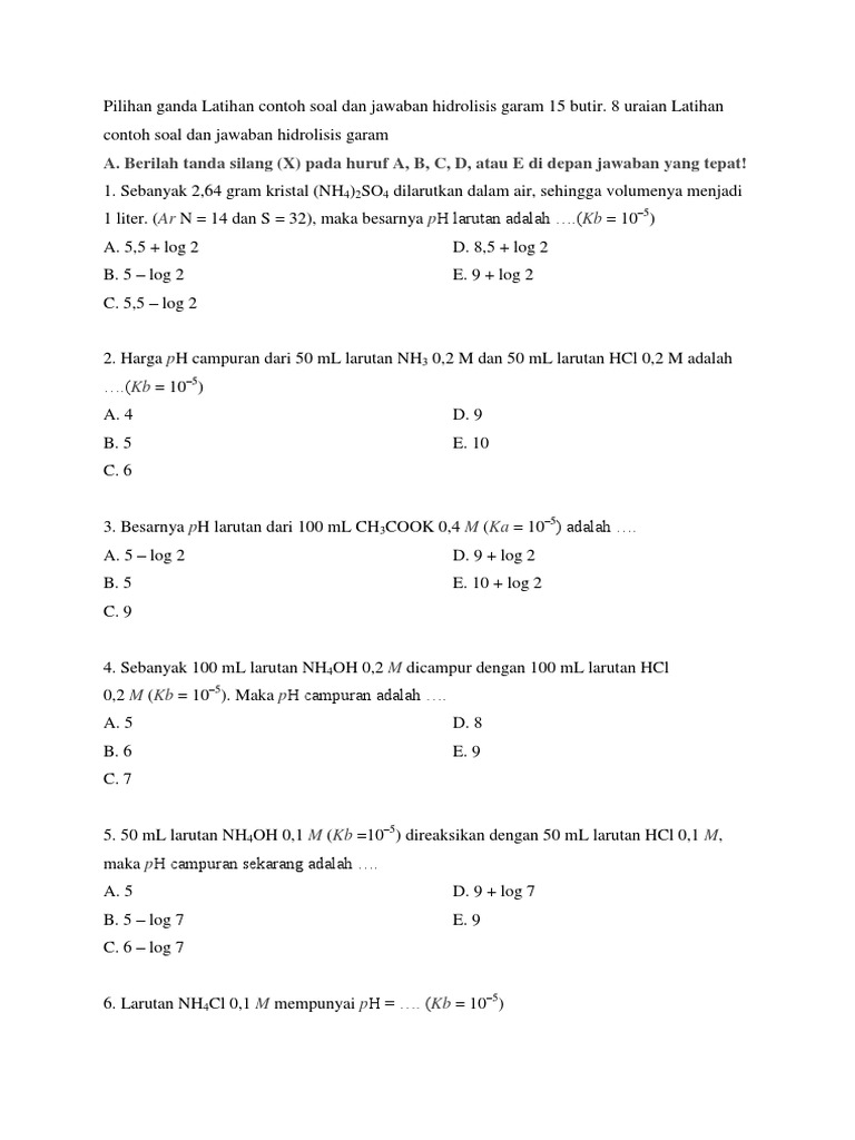 Pilihan Ganda Latihan Contoh Soal Dan Jawaban Hidrolisis Garam 15 Butir
