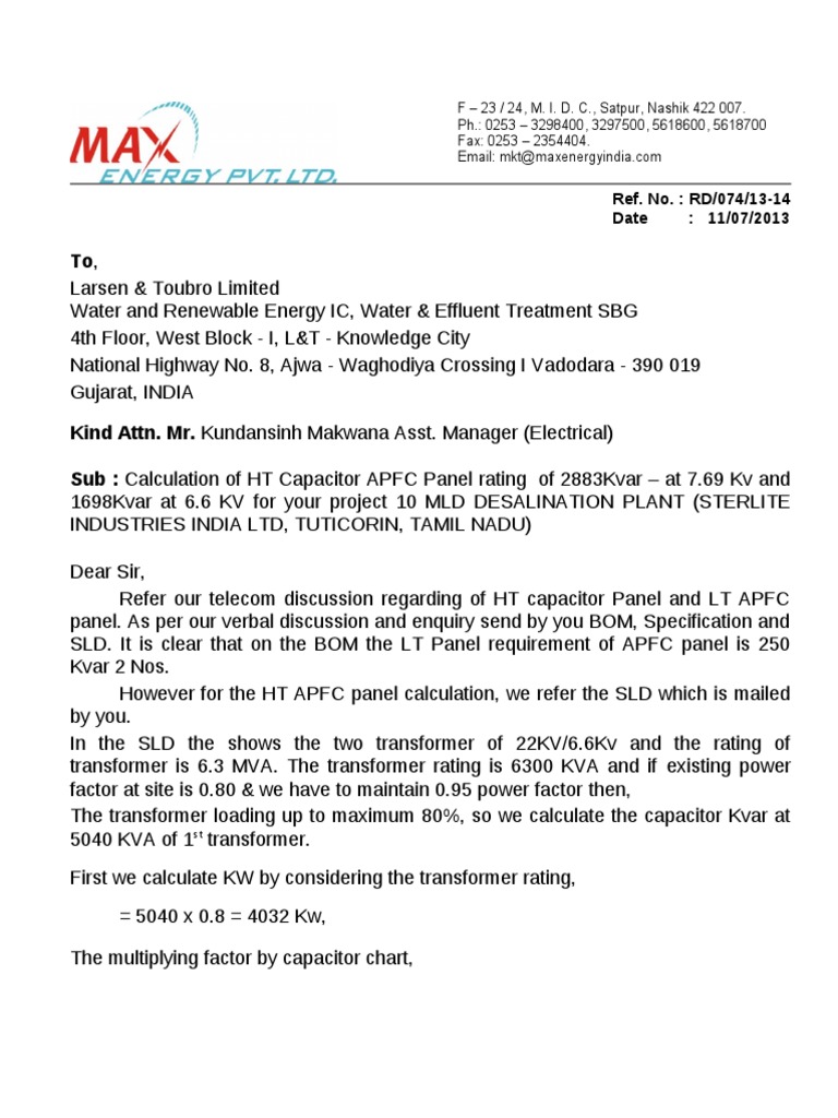 Kvar Calculation for APFC Panel Design | PDF | Energy And Resource ...