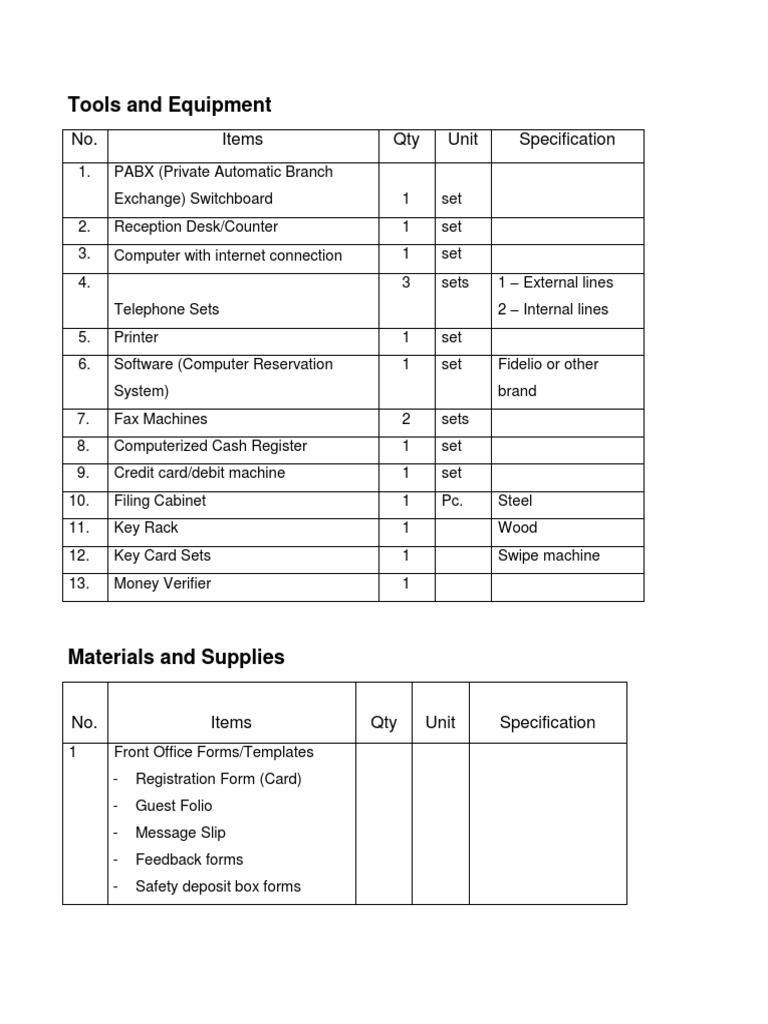 Tools and Equipment for Front Office