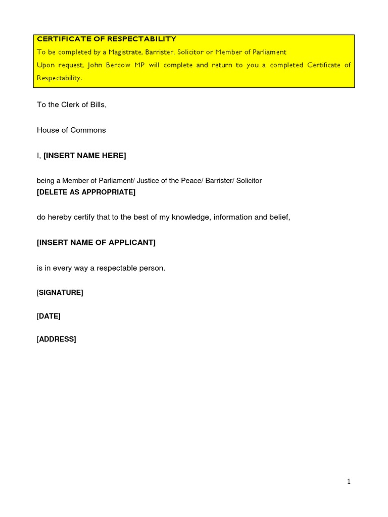 Template Certificate of Respectability | PDF