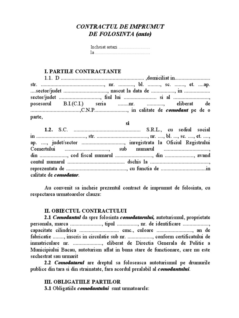 Contract de Comodat Auto | PDF