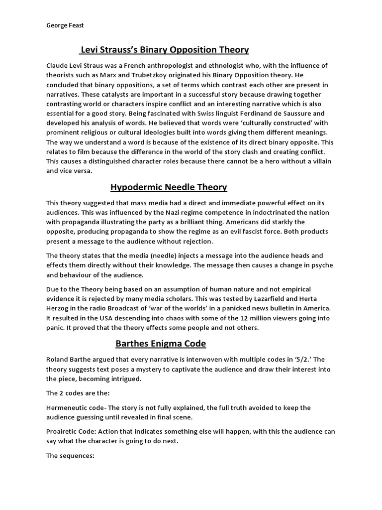 Levi Strauss's Binary Opposition Theory: George Feast | PDF | Hero ...