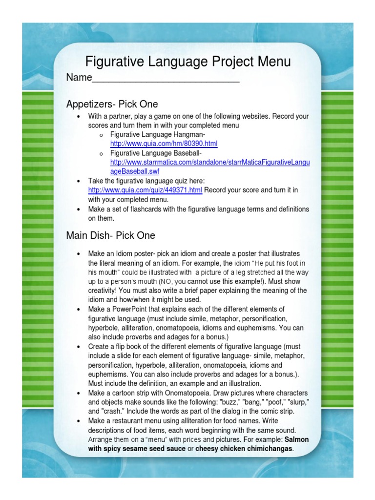 Figurative Language Project Menu | PDF | Idiom | Menu