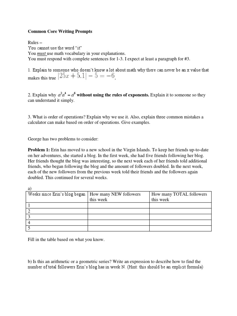 Common Core Math Writing Prompts | PDF