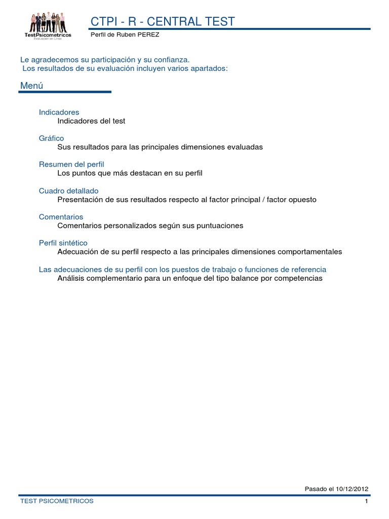 Resultados del Test CTPI-R de Ruben Pérez | PDF | Planificación | Toma ...
