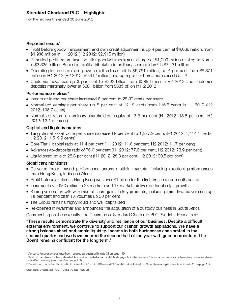 Standard Chartered H1 2013 Financial Highlights | PDF | Dividend | Banks