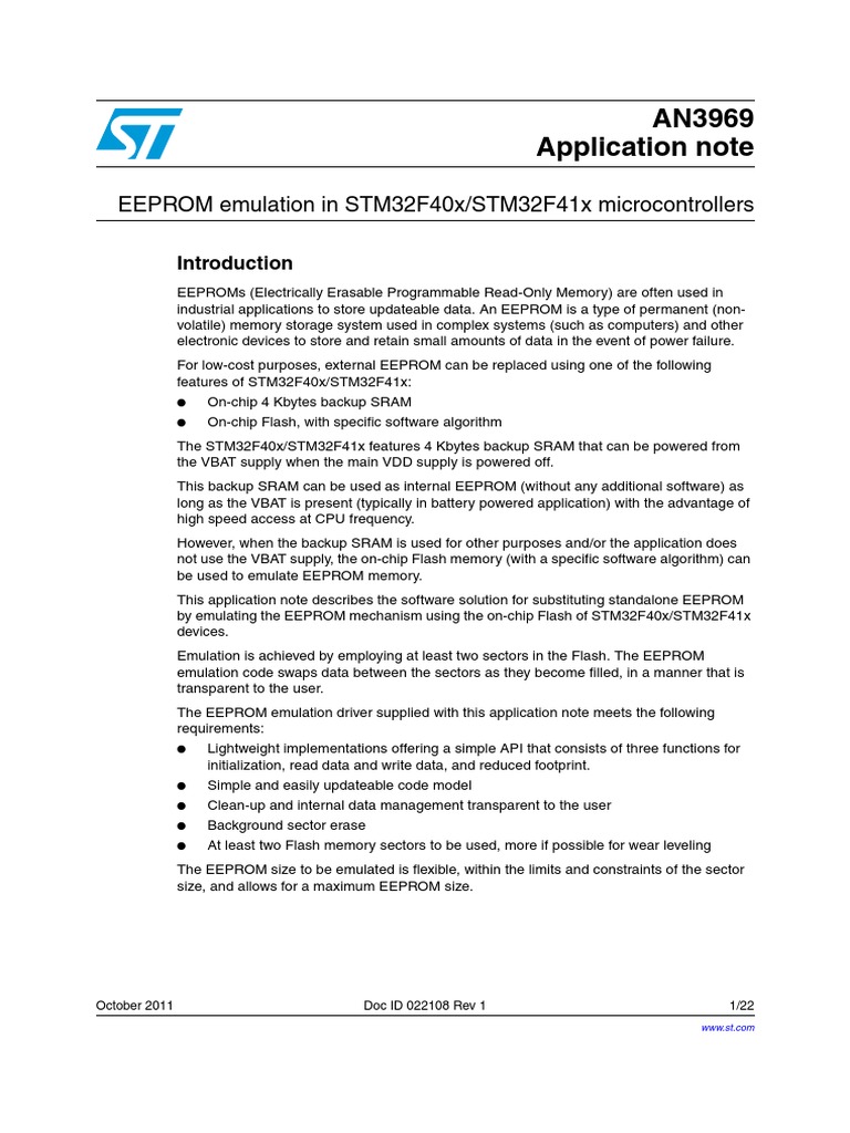 Eeprom emulation in stm32f40x stm32f41x microcontrollers pdf