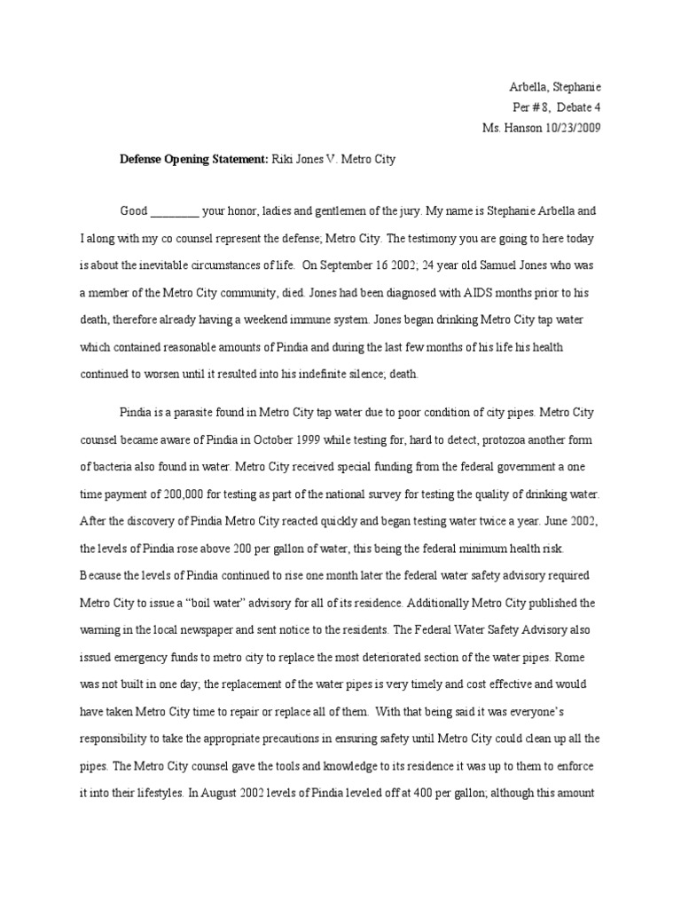 Opening Statement Defense (Riki Jones v. Metro City) Arbella  PDF