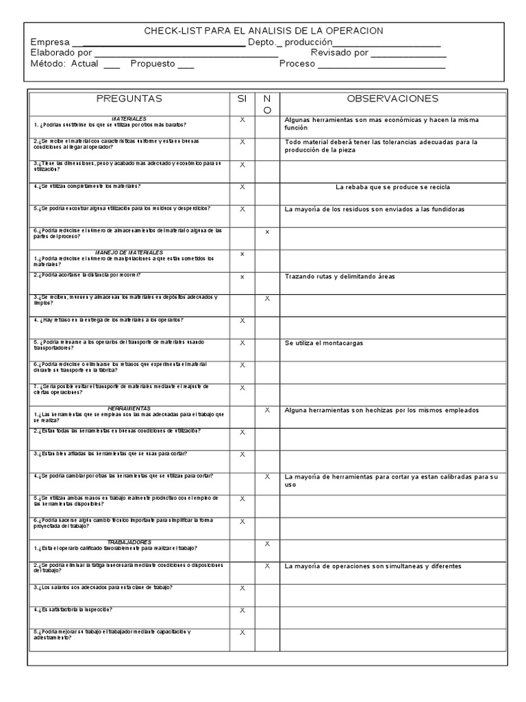 Analisis de Operaciones Check-List | PDF | Herramientas | Factores ...