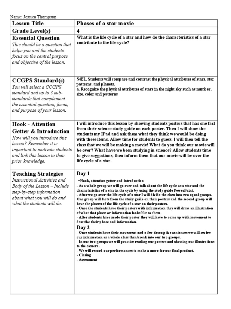 Life Cycle of a Star Lesson Plan | PDF | Pedagogy | Learning