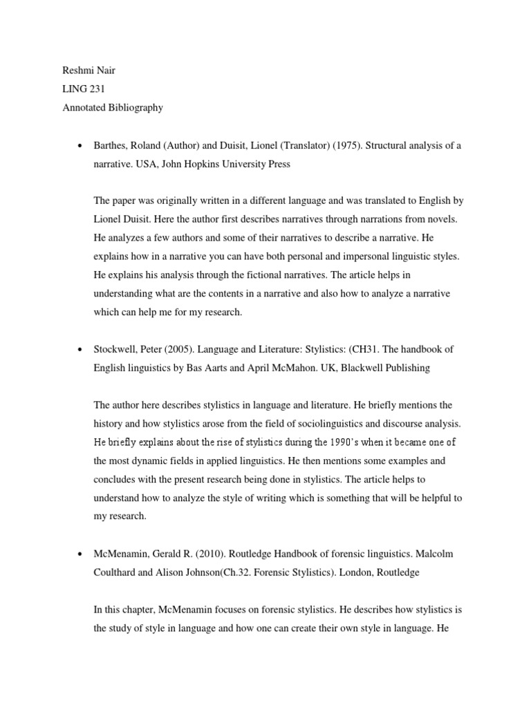 Annotated Bibliography | Narrative | Linguistics