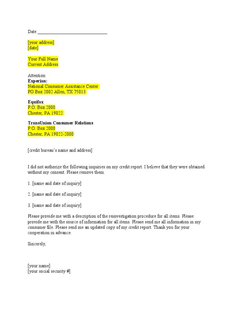 Credit Bureau Dispute Letter Unquiries