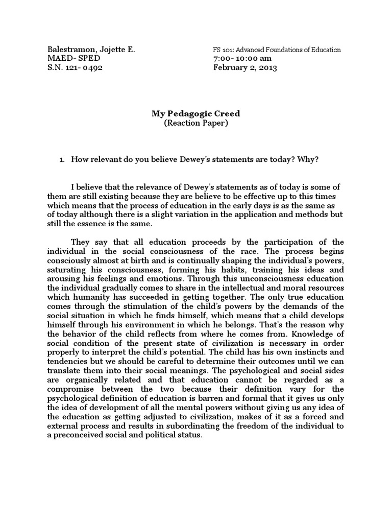 My Pedagogic Creed Jet | PDF | John Dewey | Consciousness