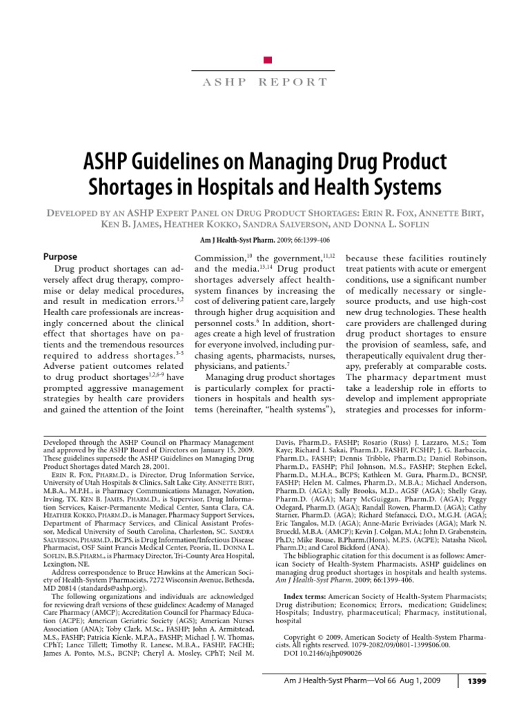 ASHP - Guidelines On Managing Drug Shortages 2009 | PDF | Pharmacy ...