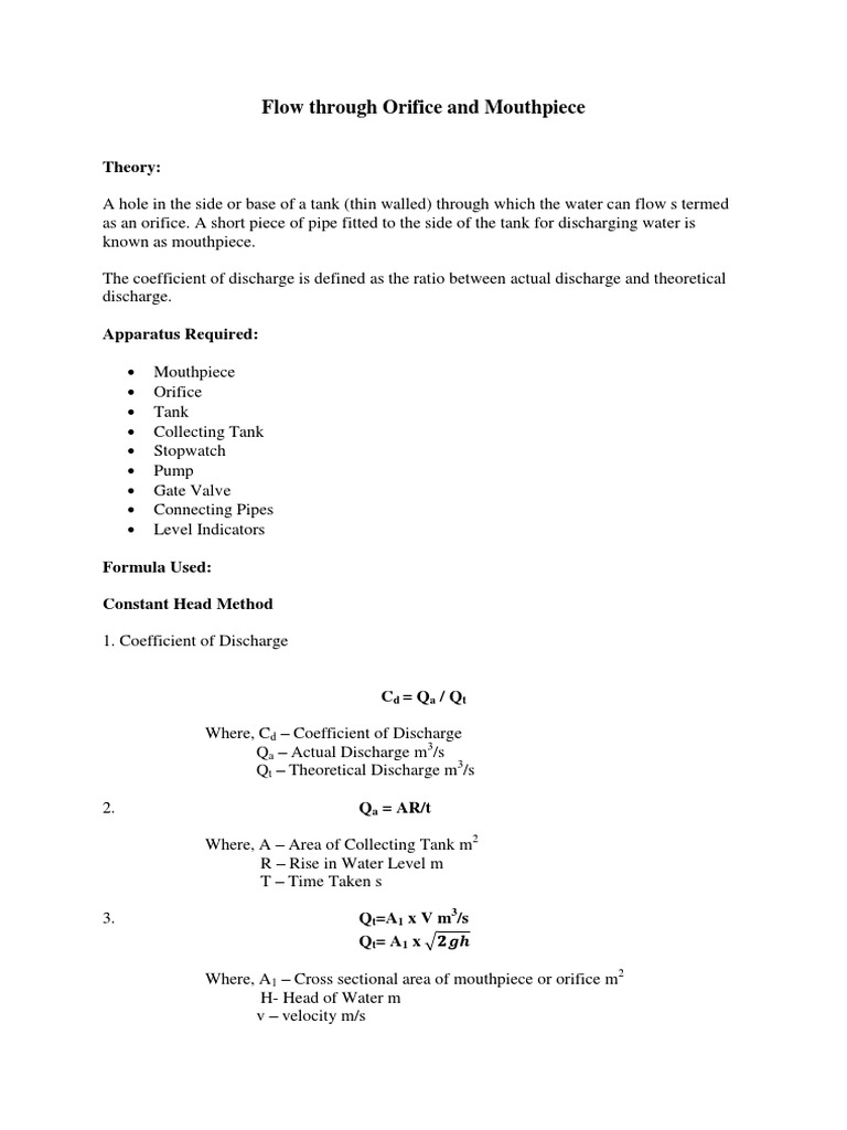 Orifice and Mouthpiece PDF Hydraulic Engineering Gas Technologies