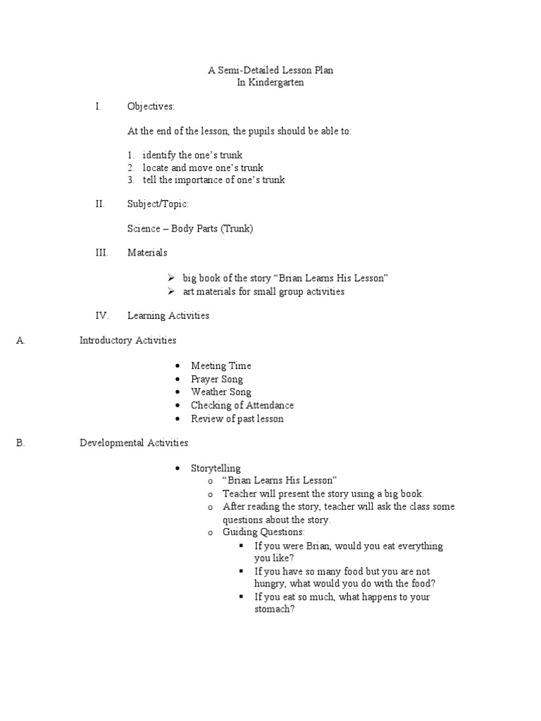 A Semi Detailed Lesson Plan In Kindergarten I Objectives At The
