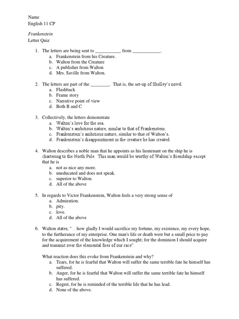 Frankenstein Letters Quiz Frankenstein