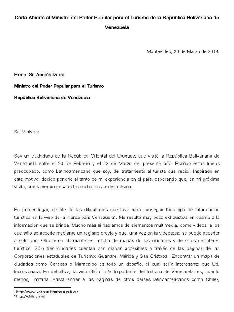 Carta Abierta Al Ministro Del Poder Popular Para El Turismo Venezuela
