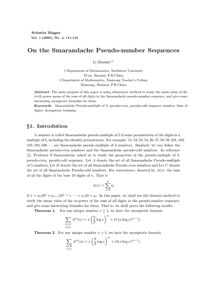 Smarandache Pseudo-number Sequences Analysis | PDF | Theorem | Sequence