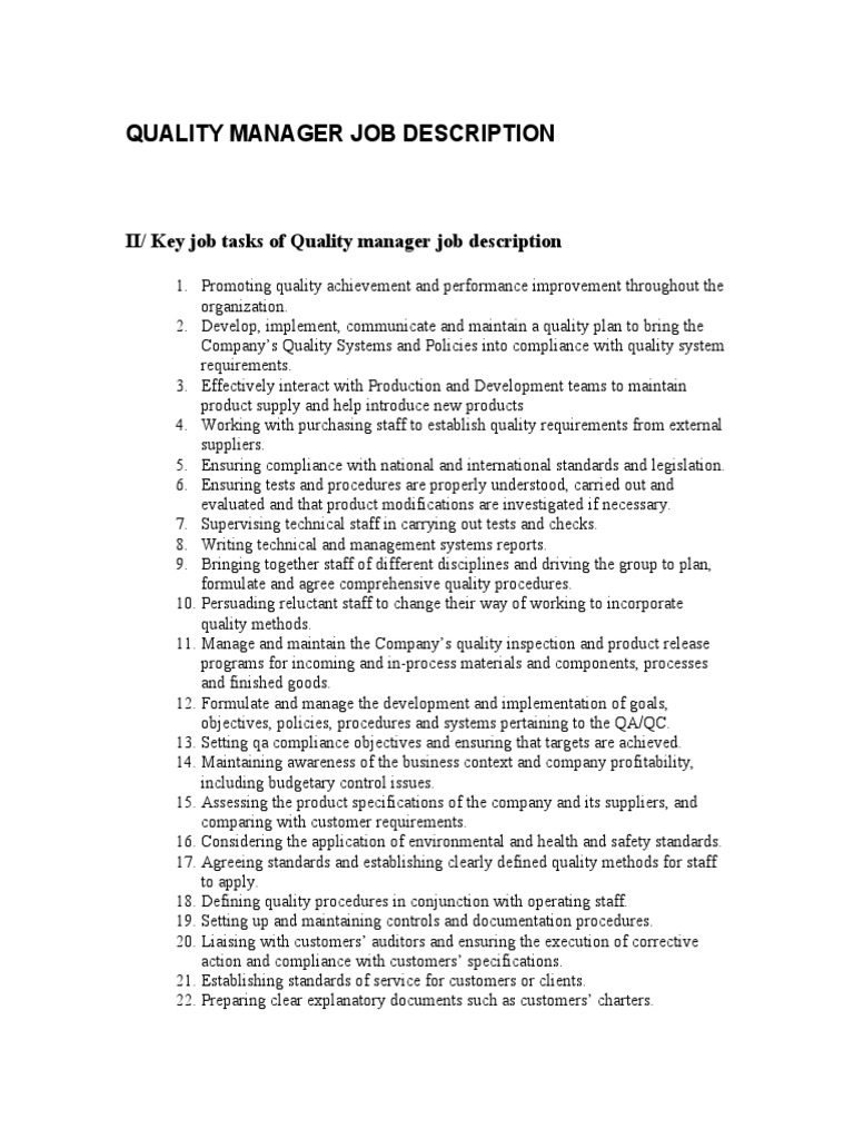 Quality Manager Job Description PDF Quality Assurance Quality