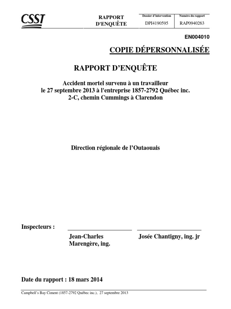 Le Rapport D'enquête de L'accident  Carrière (géologie)  Santé et