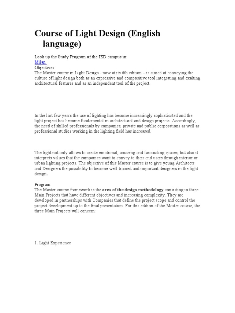 Master in Light Design at IED Milan | PDF | Design Methods | Design