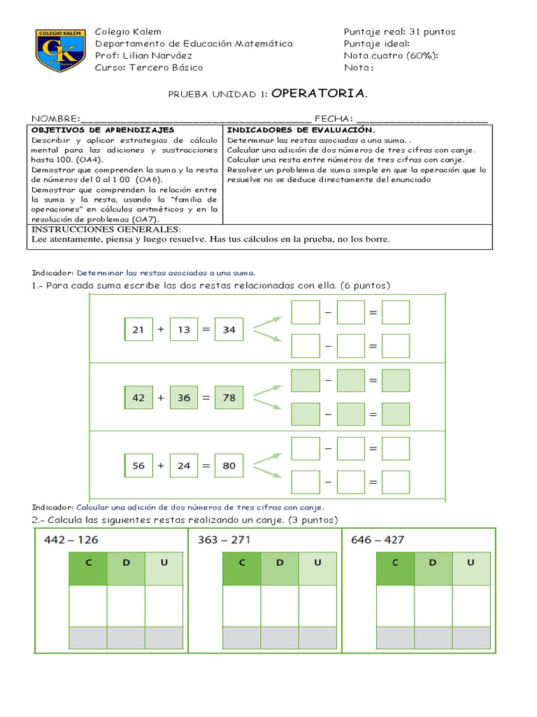 prueba operatoria 3° bas colegio